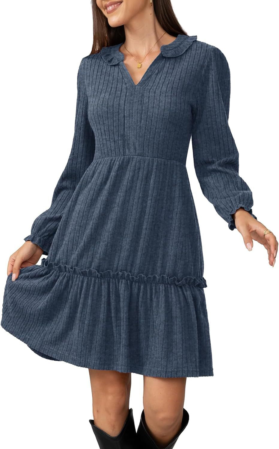 Damen Lockeres Freizeitkleid mit Rüschendetails und eleganter Knopfleiste EB