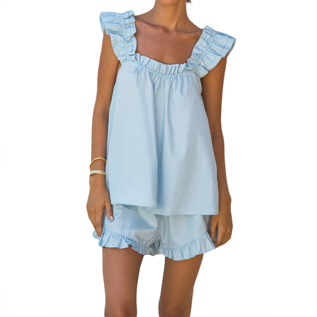 Damen luftiges Top mit Rüschendetails und lässigen Shorts EB