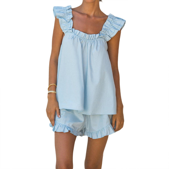 Damen luftiges Top mit Rüschendetails und lässigen Shorts EB