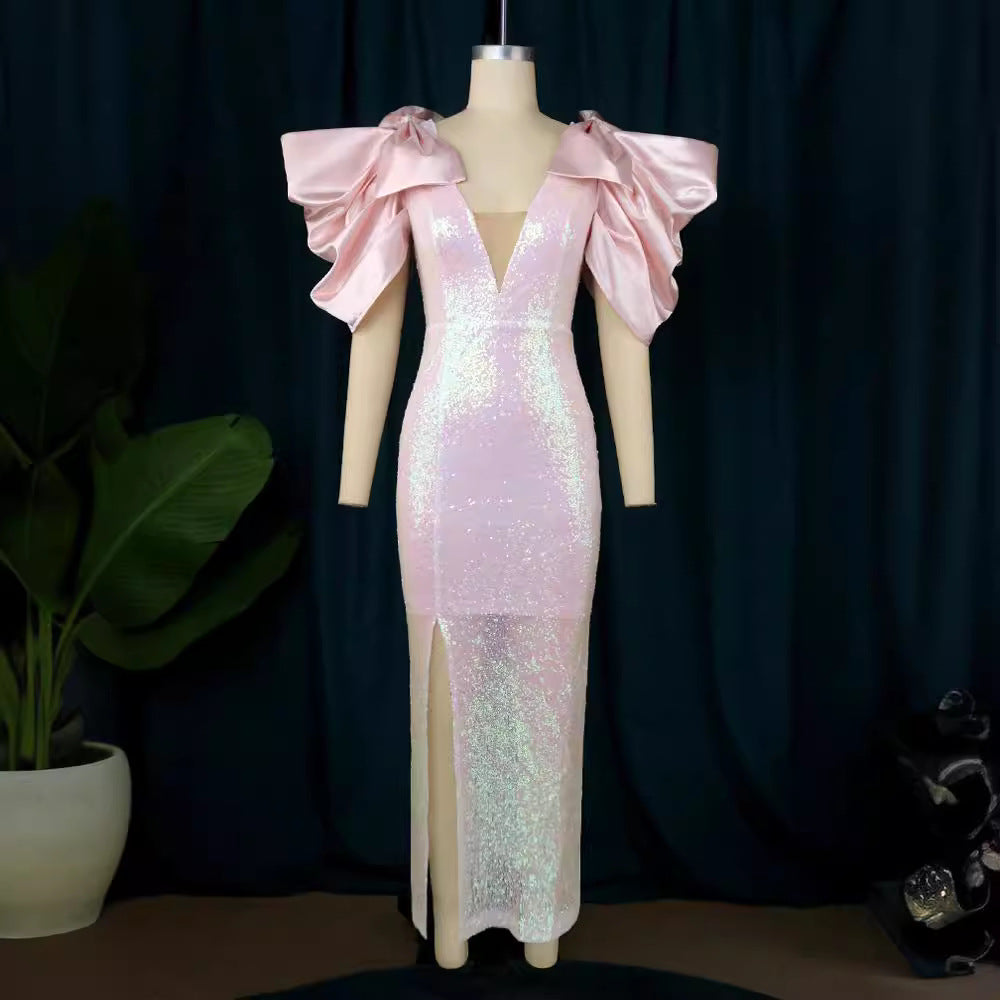 Damen Figurbetontes Glamour-Kleid mit schimmerndem Stoff und voluminösen Ärmeln EB