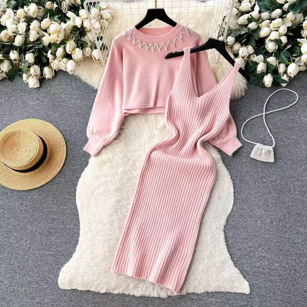 Damen Elegantes Strickkleid mit raffinierter Ribstruktur und stylischem Crop-Pullover EB
