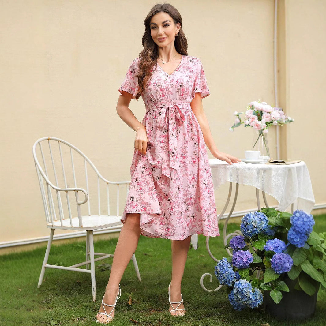 Damen Blütenmuster Wickelkleid mit Taillengürtel EB