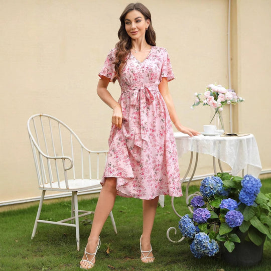 Damen Blütenmuster Wickelkleid mit Taillengürtel EB