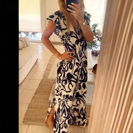 Damen Maxikleid mit voluminösen Ärmeln und elegantem V-Ausschnitt Heidi-Mode