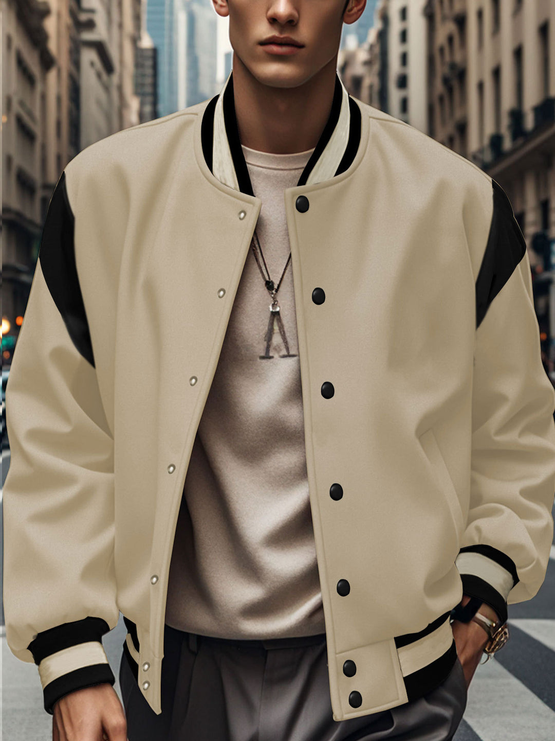 Herren nan leichte Collegejacke im Varsity-Look mit Druckknopfverschluss Rippbündchen und Kontrast-Schulterbesatz EB