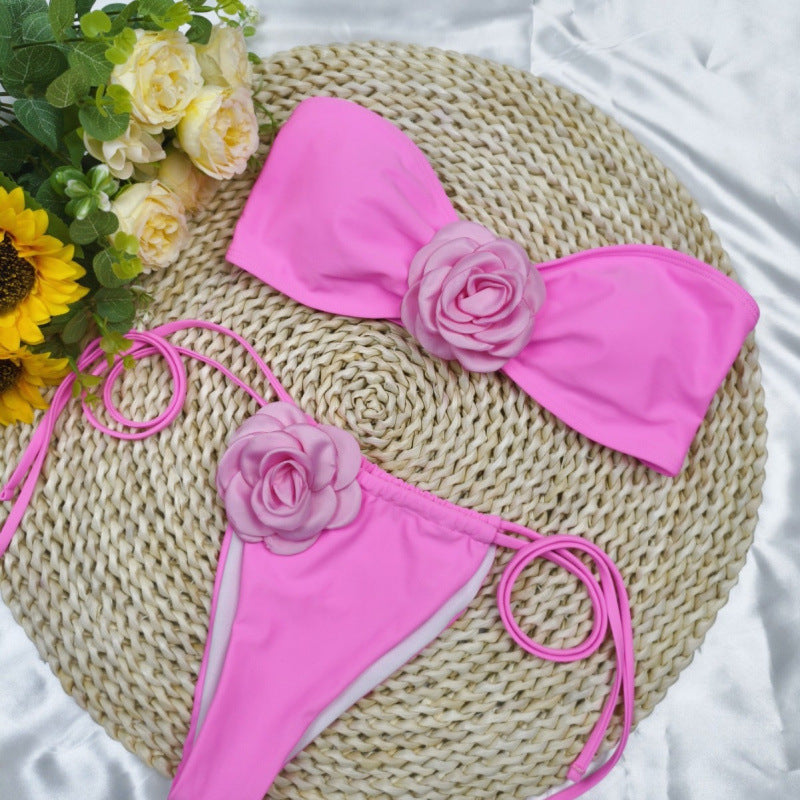 Damen Bandeau-Bikini mit floralem Akzent und verstellbaren Trägern EB
