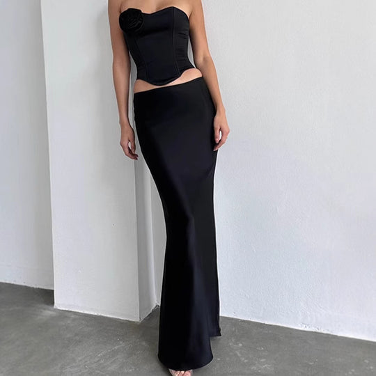 Damen Elegante Satin-Maxirock mit hohem Schlitz und taillierter Passform EB