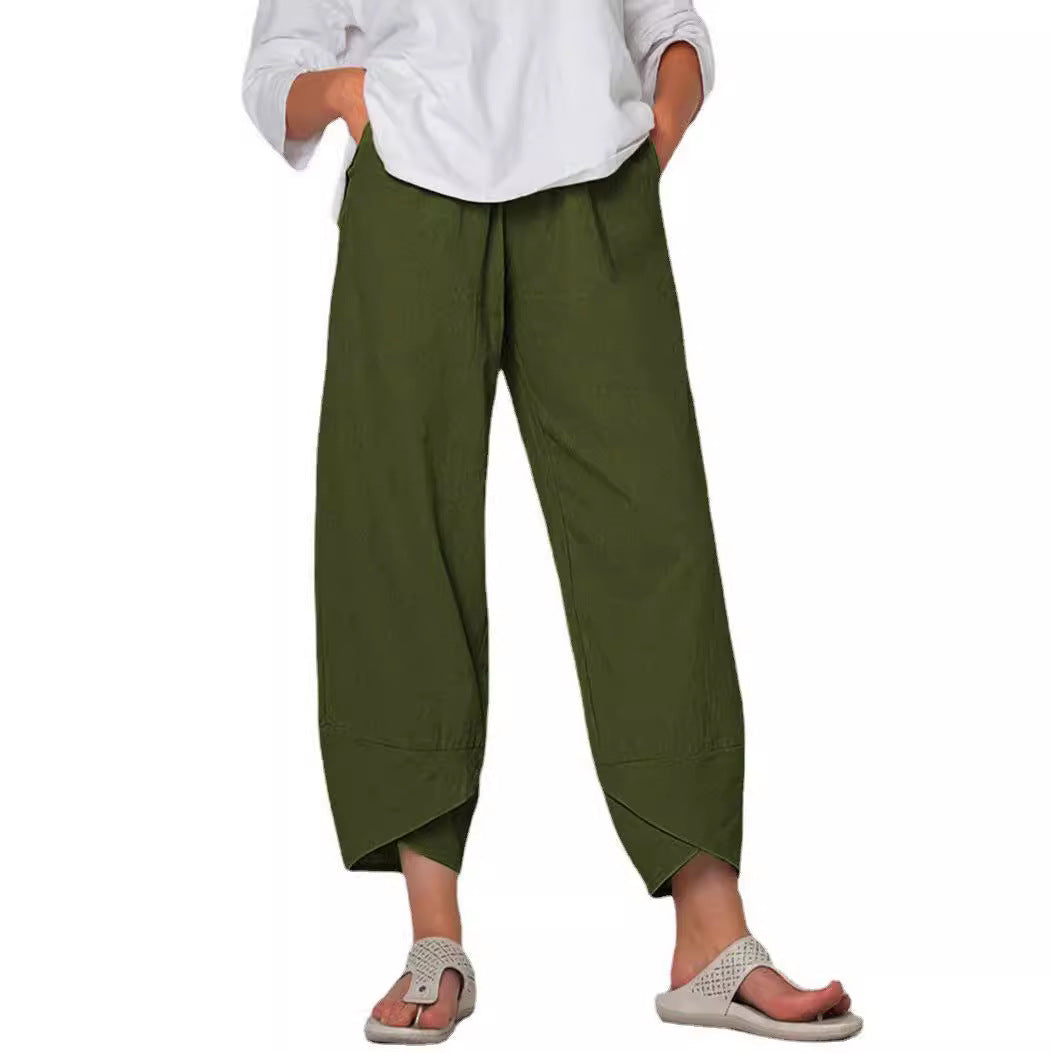 Damen nan lockere Leinenhose mit hohem Bund, Tulpen-Saum und seitlichen Eingrifftaschen EB