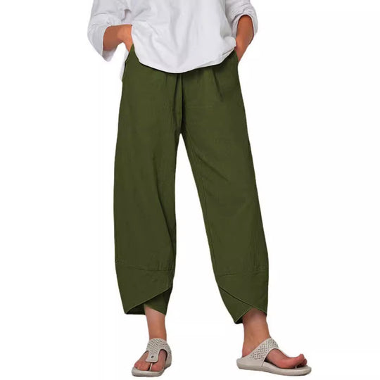 Damen nan lockere Leinenhose mit hohem Bund, Tulpen-Saum und seitlichen Eingrifftaschen EB