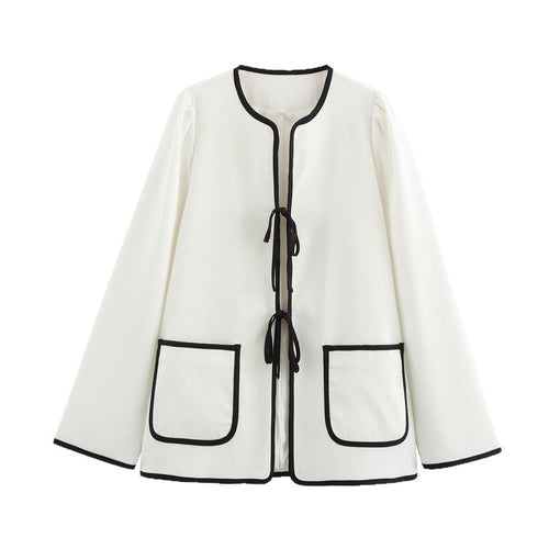 Damen modische Überziehjacke mit eleganten Binde-Details und praktischen Taschen EB