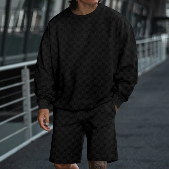 Herren nan oversized Waffelstrick-Lounge-Set mit Crewneck-Sweatshirt und knielangen Bermuda-Shorts EB
