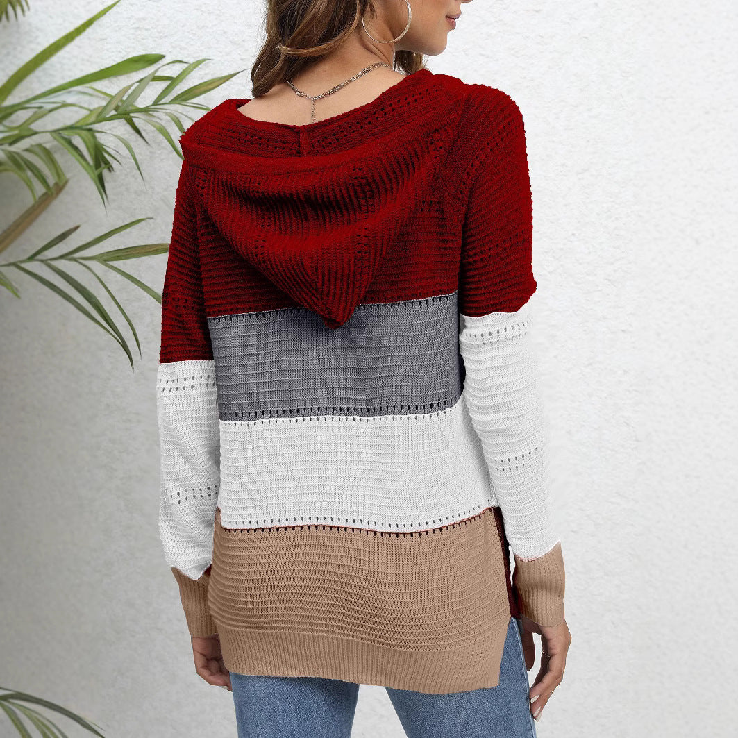 Damen Pullover mit lässigem Kapuzen-Design und einzigartigem Streifenmuster EB
