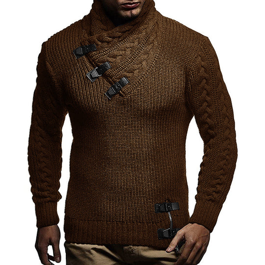Herren Grobstrickpullover mit modernem Stehkragen und innovativen Knopfdetails EB