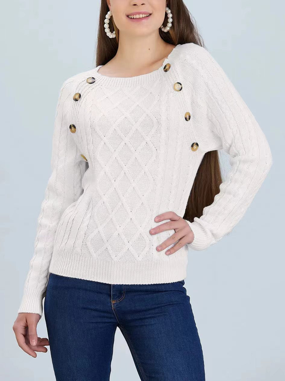 Damen Strickpullover mit klassischem Rautenmuster und dekorativen Knöpfen EB