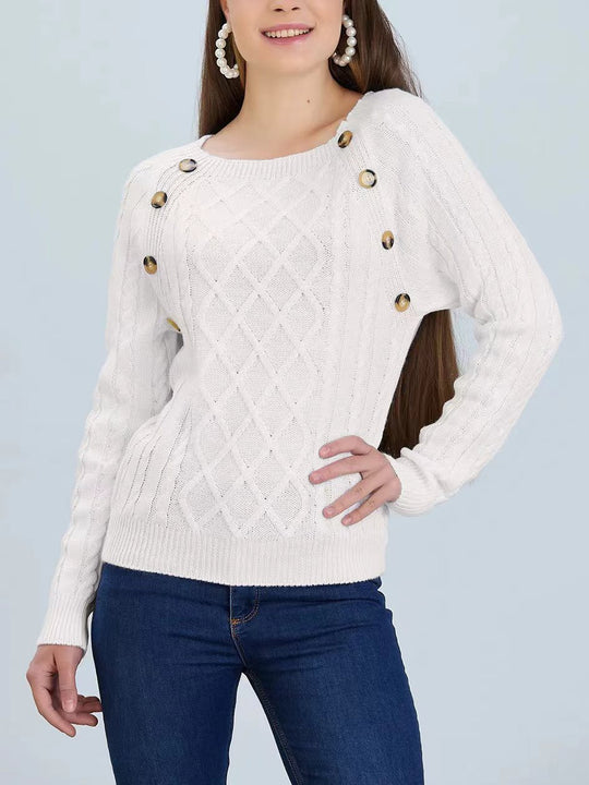 Damen Strickpullover mit klassischem Rautenmuster und dekorativen Knöpfen EB
