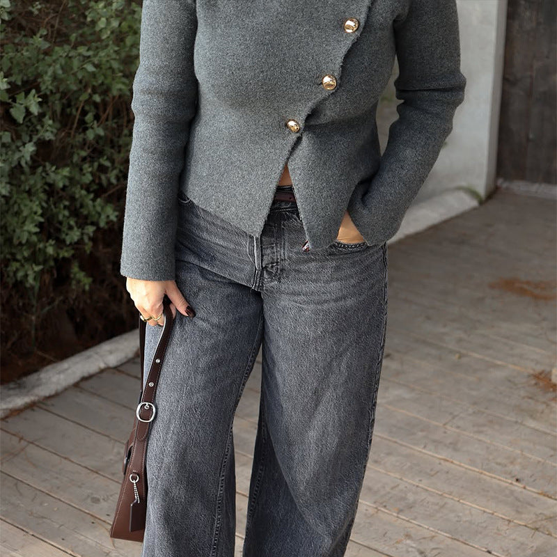 Damen Modische Wolljacke mit asymmetrischem Schnitt und eleganten Knopfdetails EB
