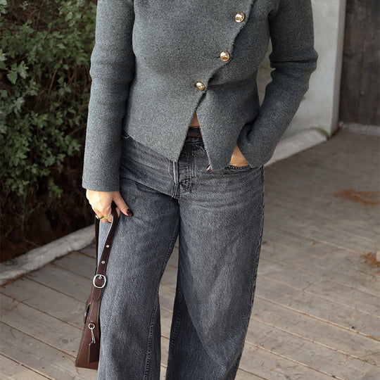 Damen Modische Wolljacke mit asymmetrischem Schnitt und eleganten Knopfdetails EB