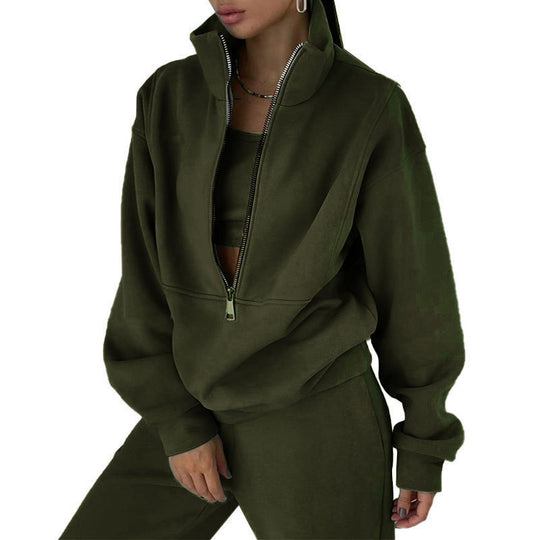 Damen nan kurzes Halbzip-Sweatshirt-und-Jogginghose-Set mit Stehkragen, oversized Schnitt und weichem French-Terry EB
