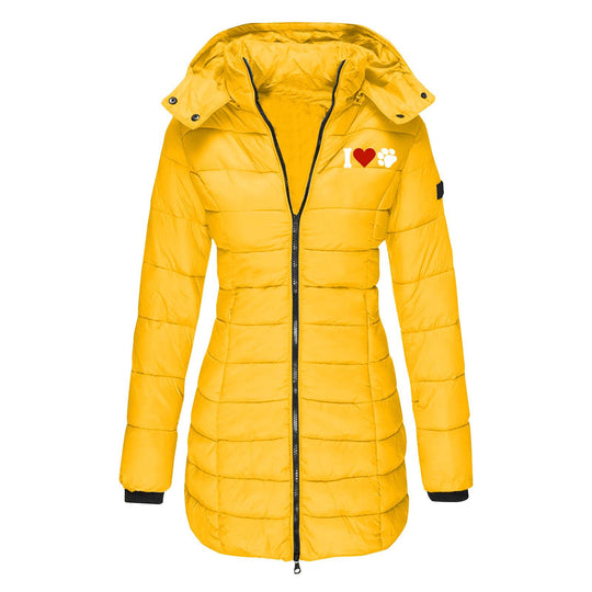 Damen nan gesteppte Steppjacke mit Kapuze, taillierter Silhouette und Herz-Pfoten-Print EB