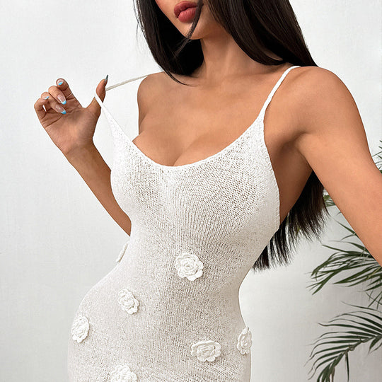 Damen Häkelkleid mit floralen Details und verführerischem V-Ausschnitt EB