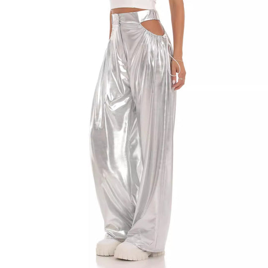 Damen High-Waist Baggy-Hose mit Cut-Out-Details und glänzendem Finish EB