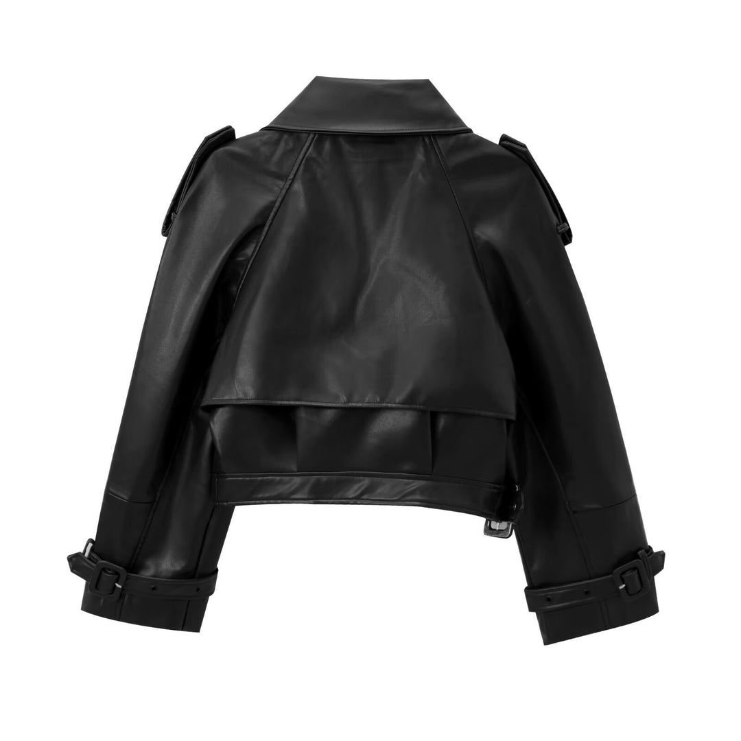Damen Modische Kunstlederjacke mit tailliertem Schnitt und oversized Kragen EB