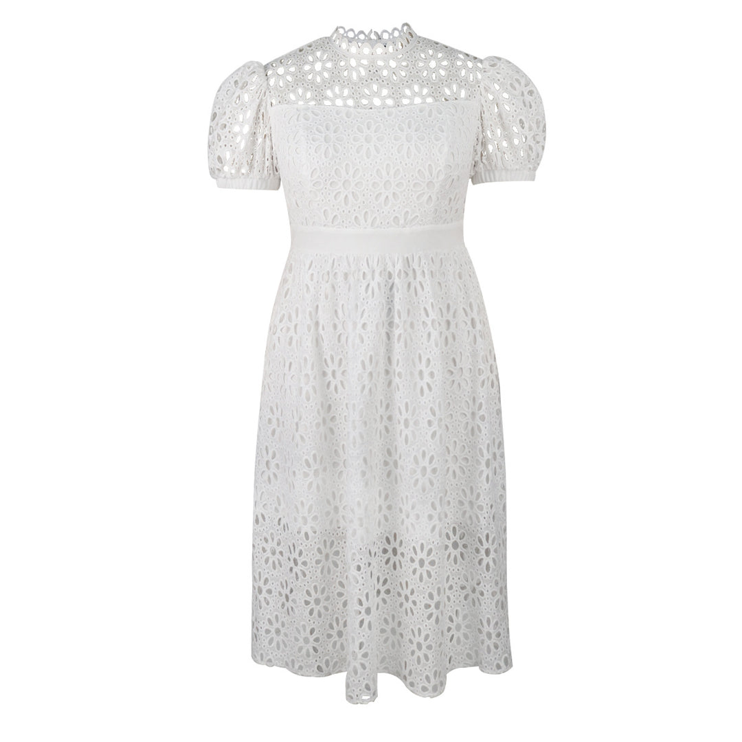 Damen Elegantes Kleid mit Blumenbordüren und Puffärmeln EB