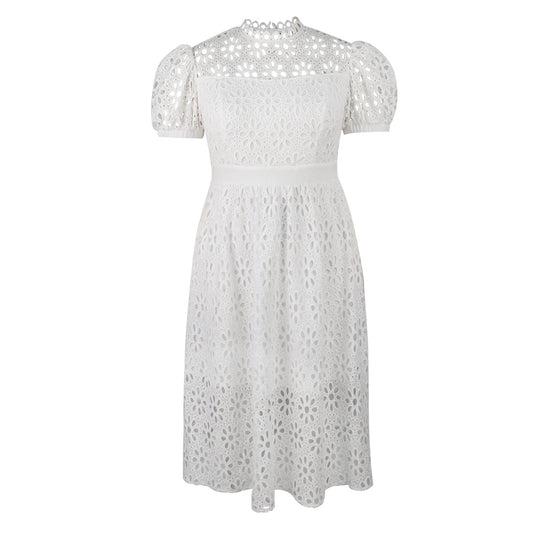 Damen Elegantes Kleid mit Blumenbordüren und Puffärmeln EB