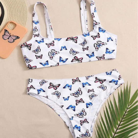 Damen Crop-Bikini-Set mit buntem Schmetterlingsdruck EB