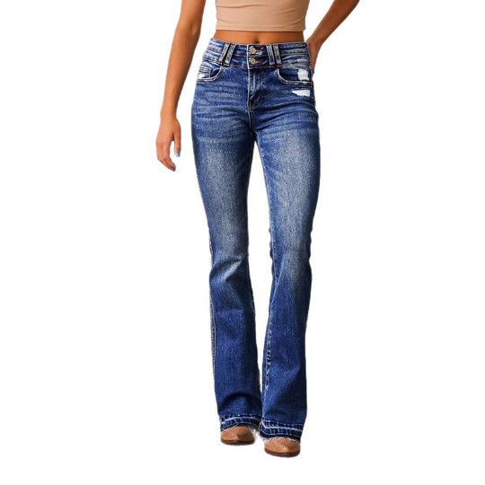 Damen Flared Jeans mit hohem Bund und modischen Destroyed-Details EB