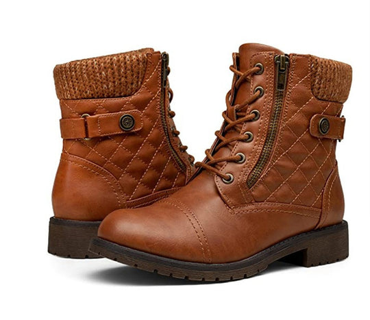 Damen nan gequiltete Schnür-Bikerboots mit seitlichem Reißverschluss, gepolstertem Schaft und robustem Profilsohle EB