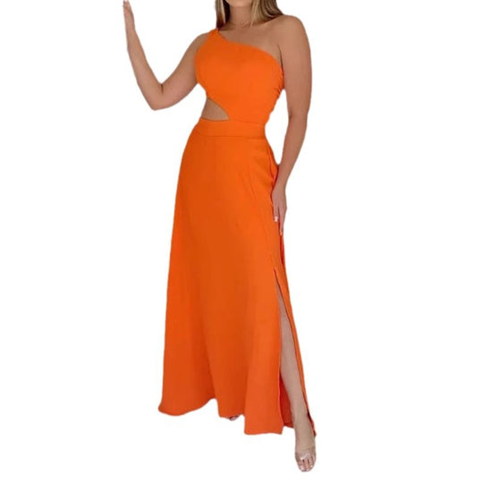 Damen Elegantes Maxikleid mit asymmetrischem Ausschnitt und Seitenschlitzen EB