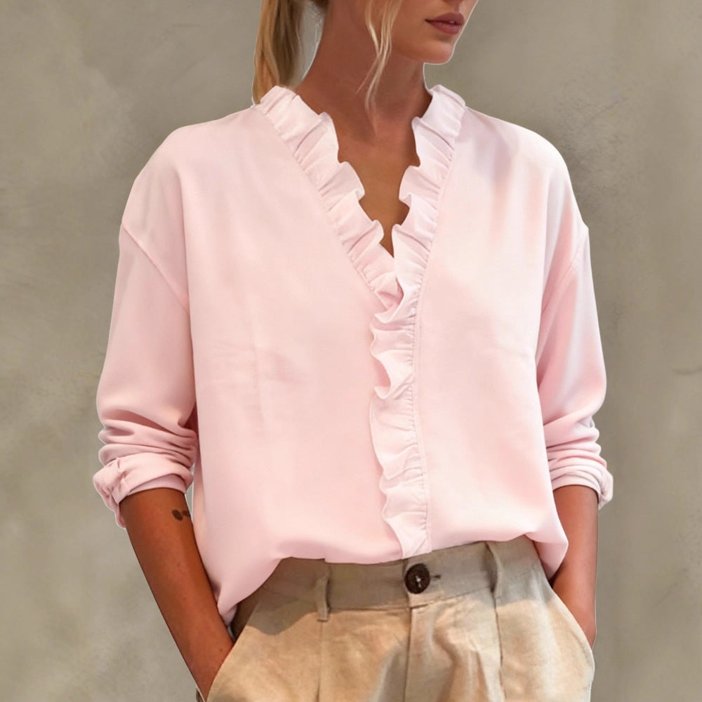 Damen Elegante V-Ausschnitt Bluse mit Volantbesatz und lockerem Oversize-Schnitt EB