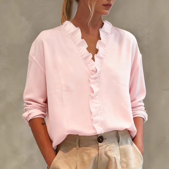 Damen Elegante V-Ausschnitt Bluse mit Volantbesatz und lockerem Oversize-Schnitt EB