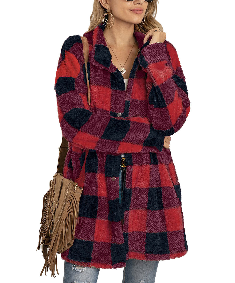 Damen Fleecejacke mit Karomuster und praktischen Taschen EB