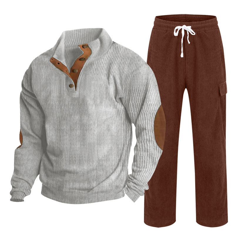 Herren nan strukturiertes Cord-Henley-Loungewear-Set mit Ellenbogenpatches und Cargo-Jogpant EB