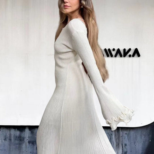 Damen Elegantes Maxikleid mit raffiniertem Rippdesign und fransigen Ärmeln EB