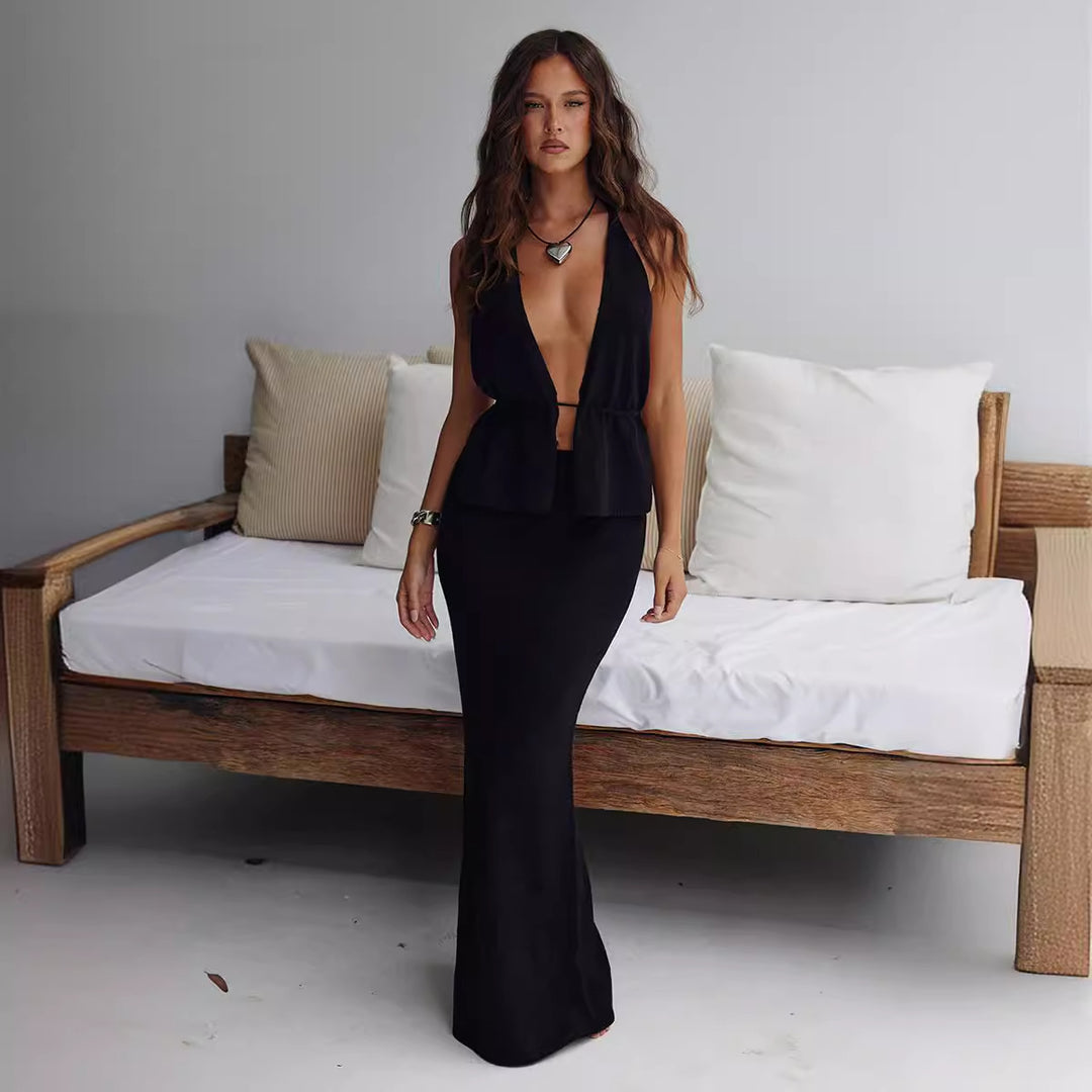 Damen elegantes Wickel-Top mit asymmetrischem Design und passendem Maxirock EB