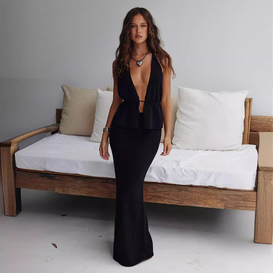 Damen elegantes Wickel-Top mit asymmetrischem Design und passendem Maxirock EB