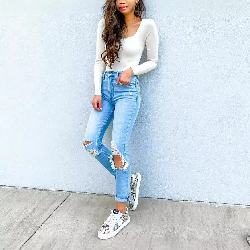Damen Ripped Jeans mit lässigem Schnitt und hohem Bund EB