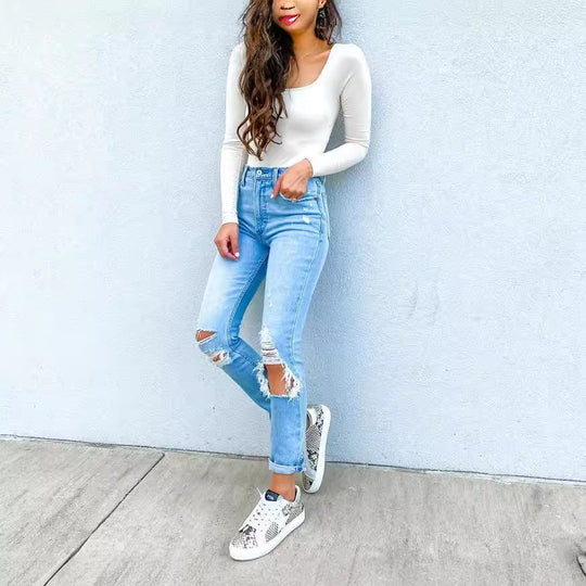 Damen Ripped Jeans mit lässigem Schnitt und hohem Bund EB