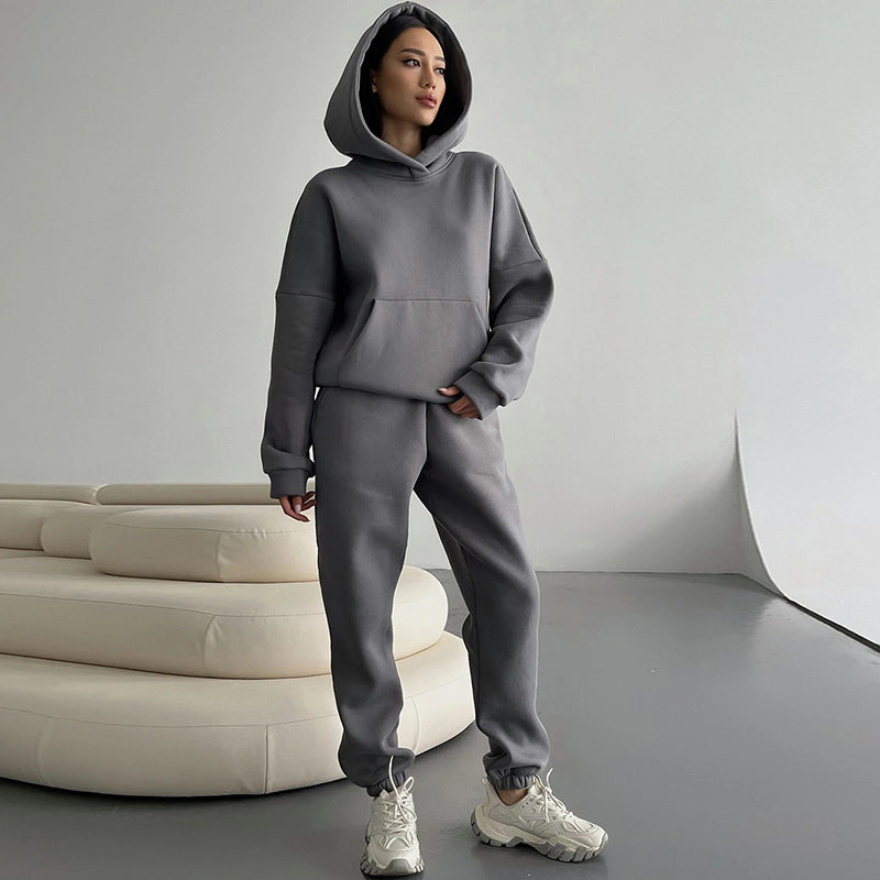 Damen nan zweiteiliges Komfort-Loungewear-Set mit oversized Kapuzenpullover, Kängurutasche und elastischem Knöchel-Jogger aus French Terry EB