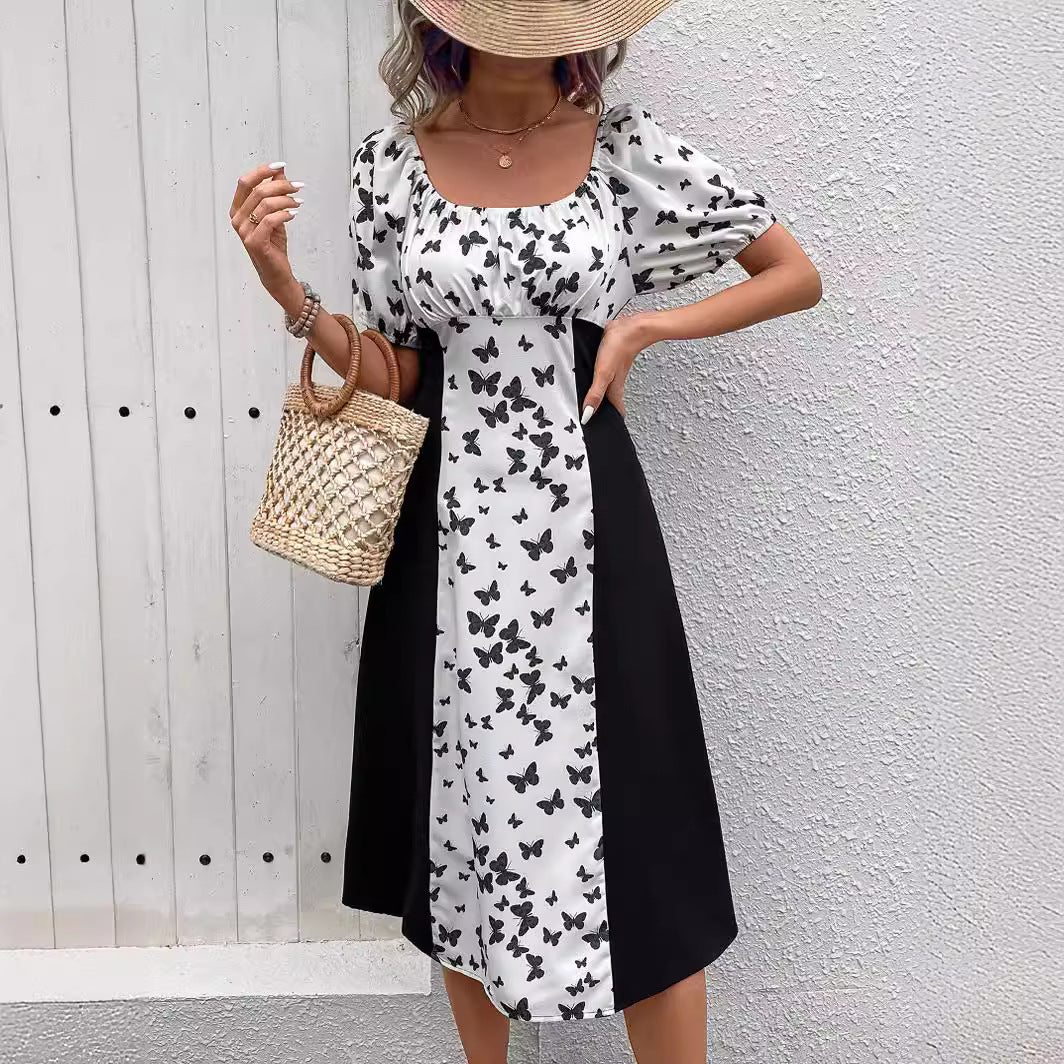 Damen Maxikleid mit Puffärmeln und Schmetterlingsmuster EB