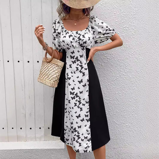 Damen Maxikleid mit Puffärmeln und Schmetterlingsmuster EB