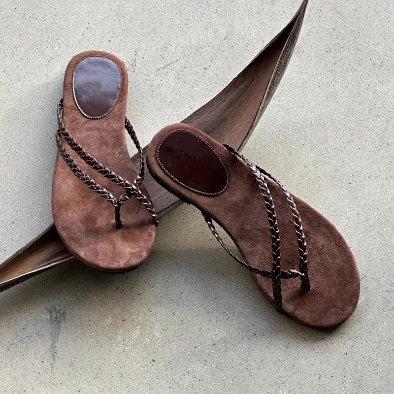 Damen Trendige Zehentrenner-Sandalen mit geflochtenem Riemendesign EB