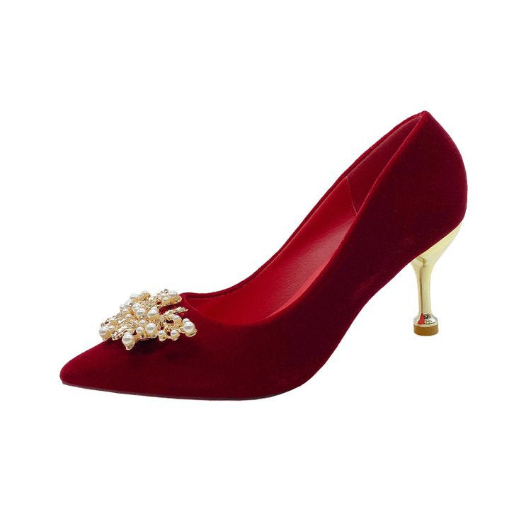 Damen elegante Velours-Pumps mit luxuriösem Perlen-Schmuckdetail EB