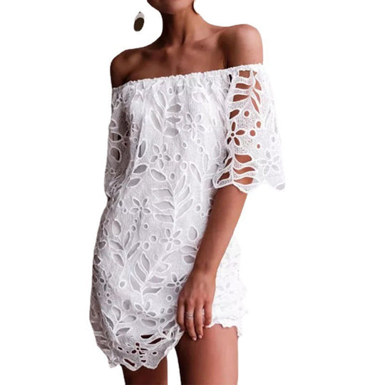 Damen Off-Shoulder Kleid mit floralen Cut-Outs und luftigen Ärmeln EB