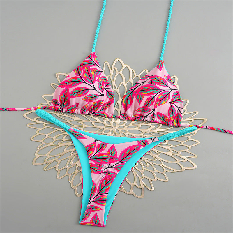 Damen Triangelbikini mit buntem Muster und verstellbaren Trägern EB