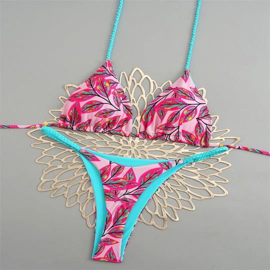 Damen Triangelbikini mit buntem Muster und verstellbaren Trägern EB