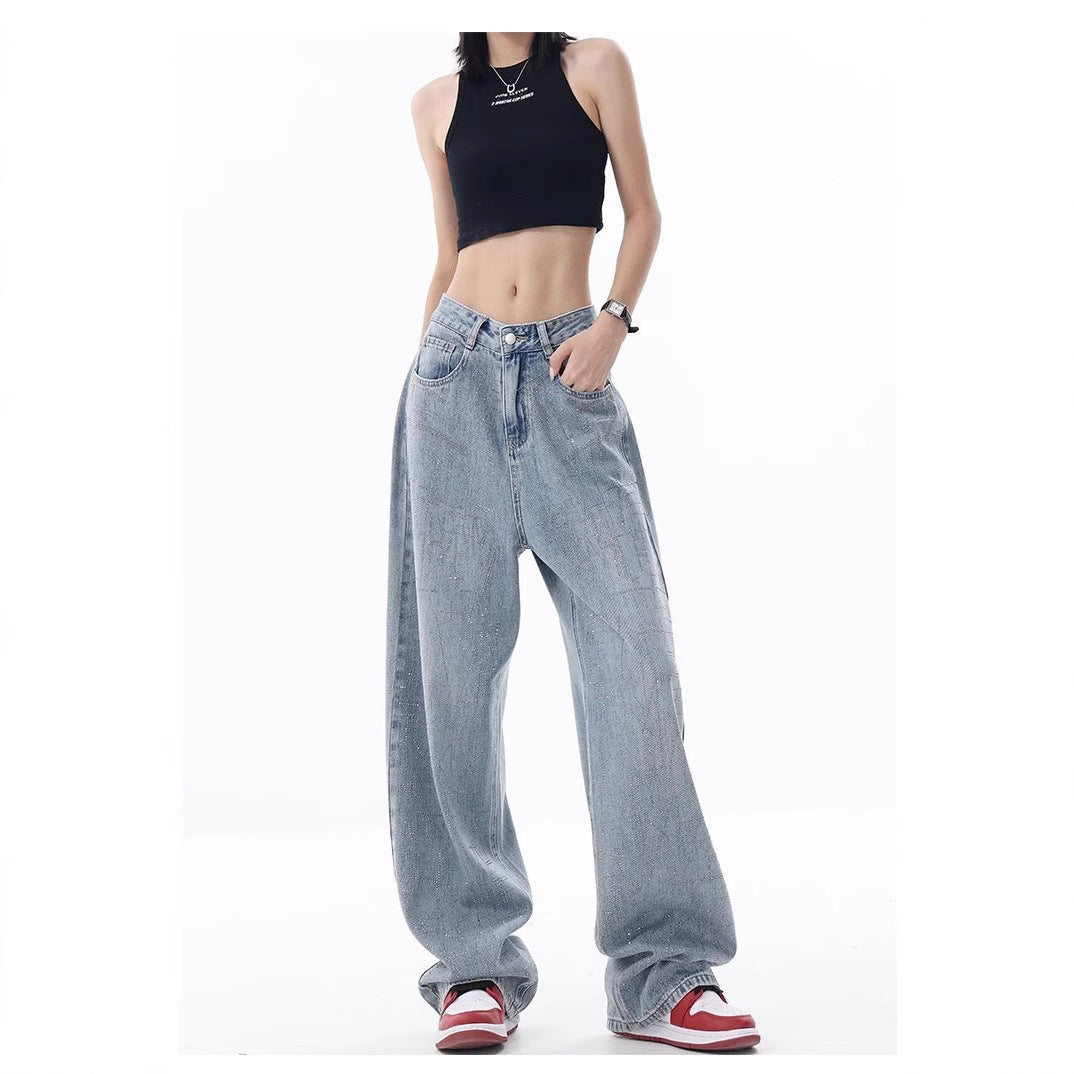 Damen Weite High-Waist Jeans mit einzigartigem Waschdesign EB